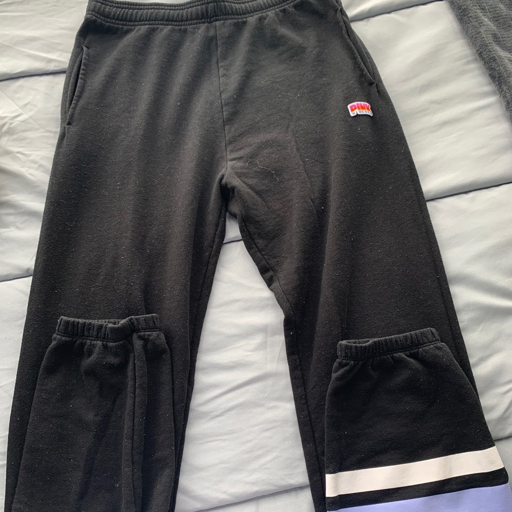 PINK sweatpants with purple and white stripe
